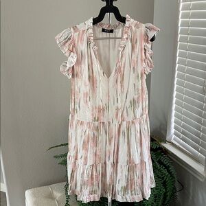 Ruffled V-Neck Mini Dress in Blush & Sage Brushstroke